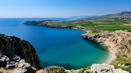 Obraz premium Aegean Sea coastal cove, tranquil beach, farmland background, idyllic summer landscape; travel brochure