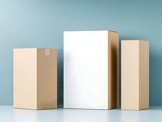 Three Cardboard Boxes Stand Against a Teal Backdrop on a Reflective Surface