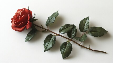 Single red rose with green leaves on a plain white background studio shot still life