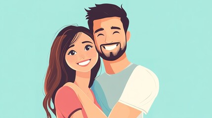 Obraz premium Illustration of a smiling couple embracing on a light blue background, digital art style