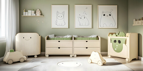 Modern Minimalist Nursery Interior Design Showcases Wooden Furniture, Cute Animal Prints and Soft Green Accents.