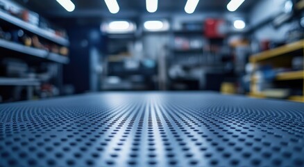 Obraz premium Close-up view of a perforated metal table top, ideal for industrial or workshop settings.