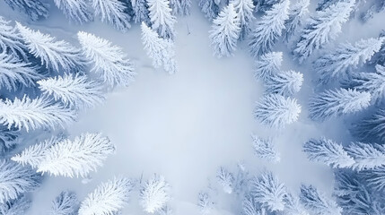 Aerial view of snow-covered fir trees forming a circular clearing in a winter forest, perfect for winter wonderland themed designs