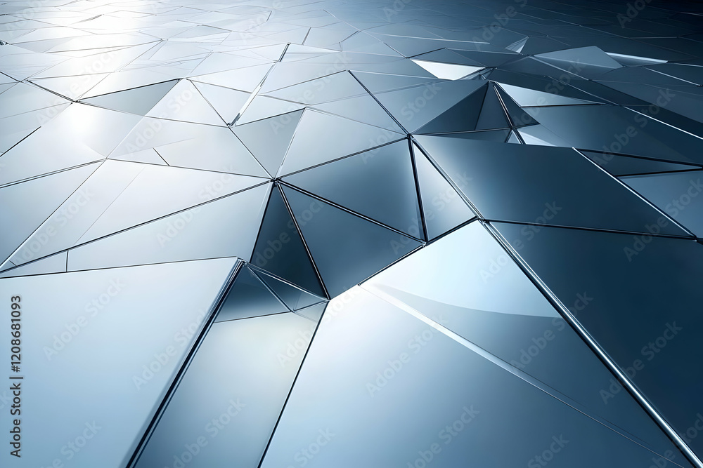 Poster abstract 3d metallic triangles form a dynamic, futuristic background with subtle lighting.
