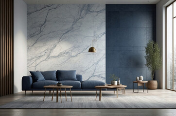 Modern Living Room with Dark Stone Wall and Blue Corner Sofa