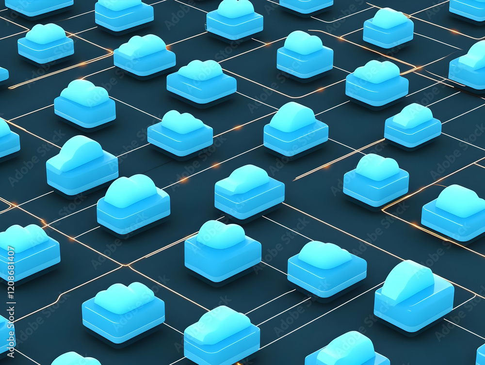 Poster 3d cloud computing network illustration connects servers seamlessly and efficiently across a dark ba