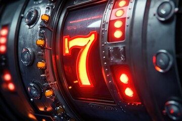 Obraz premium Close-up of a casino slot machine with lucky 7s