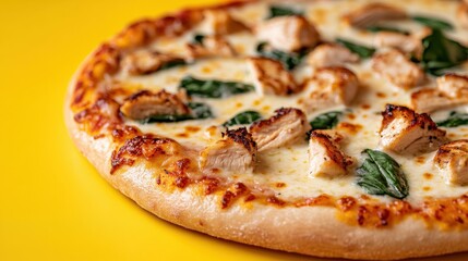Creamy white sauce Alfredo pizza topped with grilled chicken and spinach on a bright yellow background