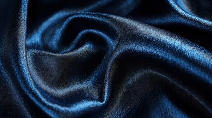 Close-up of luxurious dark blue satin fabric with subtle shiny texture folds