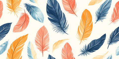 seamless, Boho feather pattern: A mix of feathers in different shapes and sizes, ranging from soft pastels to bold accents, creating a cozy and free-spirited design in boho style