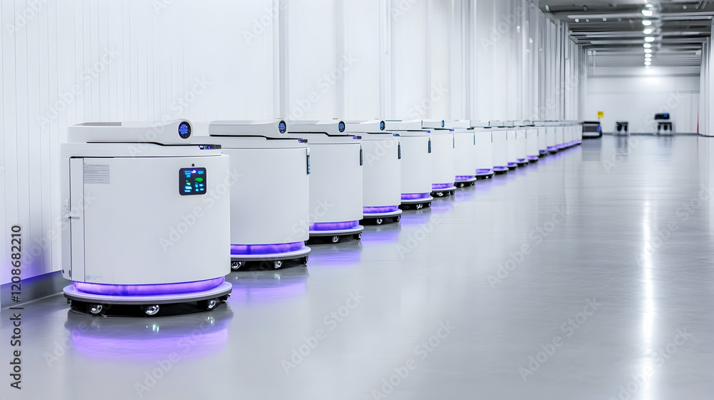 Poster autonomous robots line up in a modern warehouse, ready for automated tasks; background shows clean, 