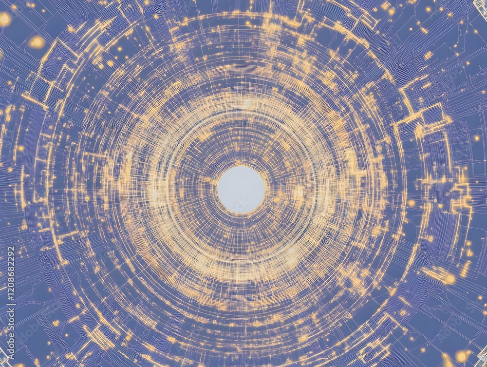 Poster abstract circular pattern with intersecting lines radiating outward from a central point on a blue b