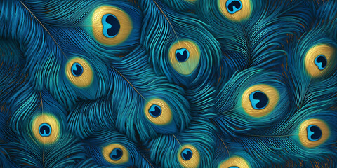 Seamless, Peacock feather pattern: A multitude of peacock feathers, their bright blue, green, and gold shades creating a complex yet harmonious design, transitioning smoothly from one to another. 