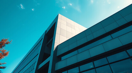 Modern Architectural Design: Sleek Glass Facade and Geometric Structure of a City Building under a Bright Blue Sky