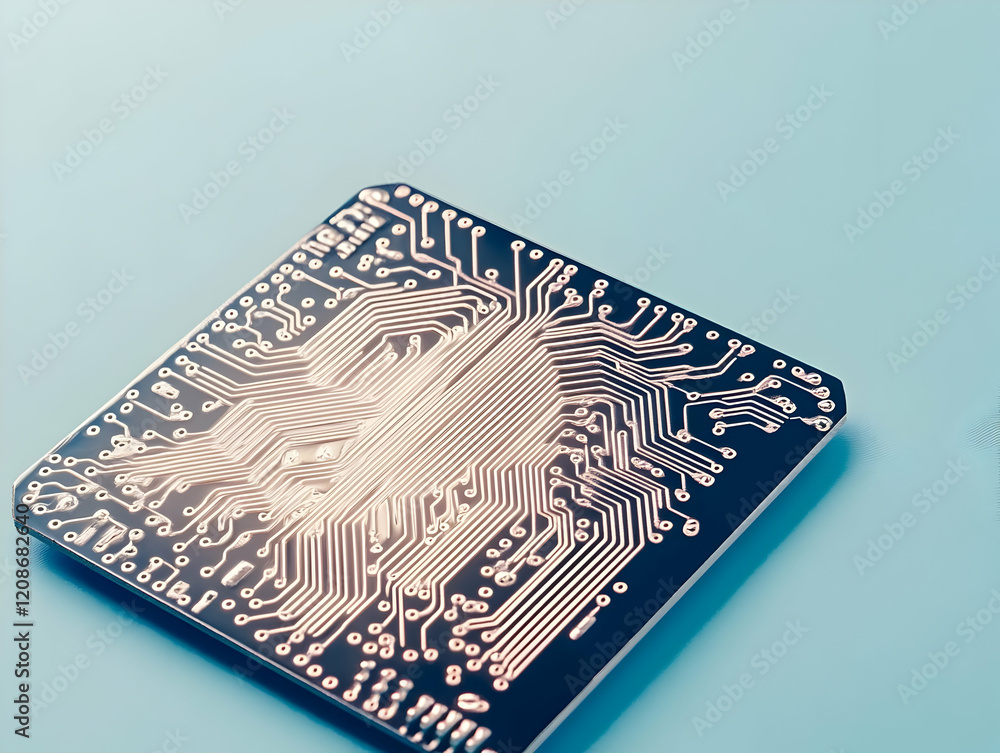 Poster close-up of circuit board shows intricate design and electronic components on blue background