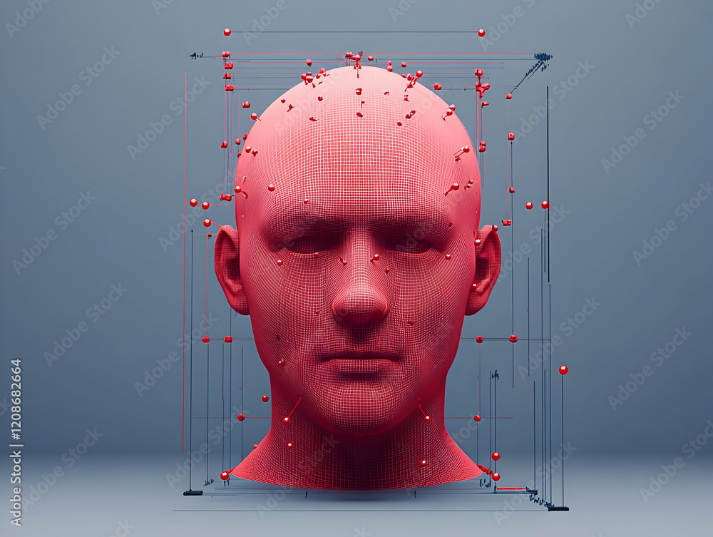 Poster 3d red wireframe head model with measurement points shows facial recognition technology