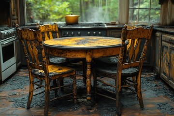 Fire-damaged kitchen table and chairs in soot-covered room after house fire