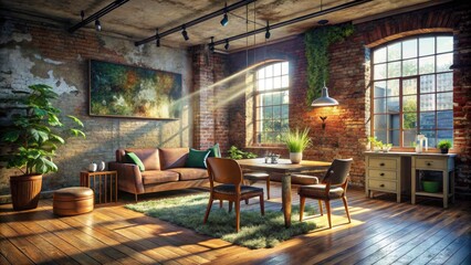 Fototapeta premium Modern living room photography showcases a stylish table and chair set, perfect for urban exploration.