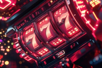 Obraz premium Close-up of a casino slot machine with lucky 7s