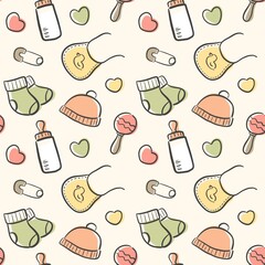 pastel seamless baby pattern with cute baby stuffs illustration. perfect for wrapping paper, gift paper, wallpaper, and prints