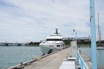 A scenic marina with numerous boats and yachts moored along the pier, offering a tranquil setting...