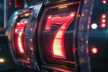 Obraz premium Close-up of a casino slot machine with lucky 7s