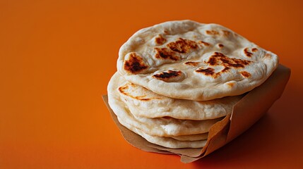 Freshly baked naan bread with a perfectly charred exterior served on simple brown paper against a vibrant orange background