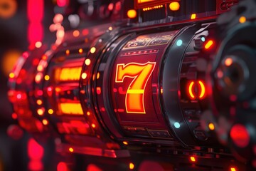 Obraz premium Close-up of a casino slot machine with lucky 7s