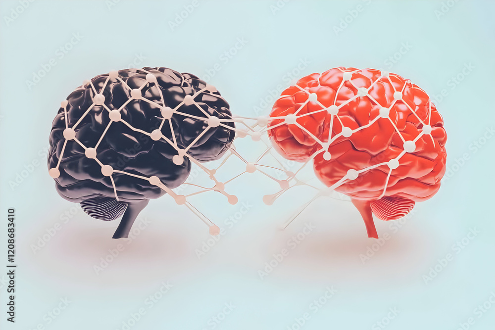 Poster two 3d brains connected by neural network illustrating idea sharing and collaboration