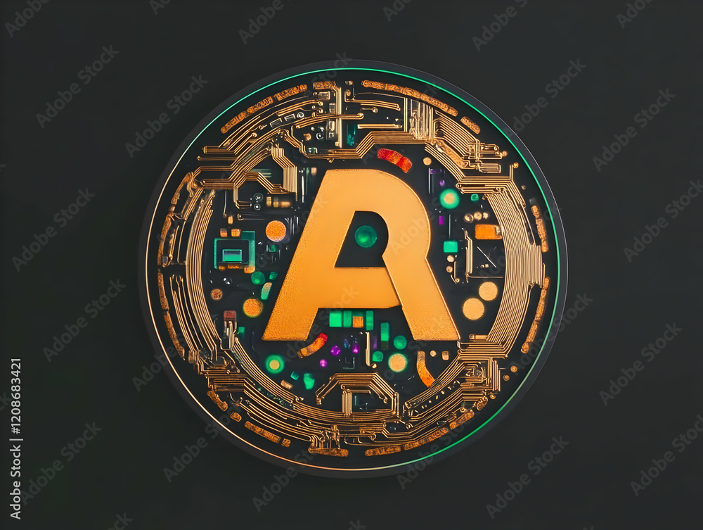 Poster gold letter a embedded in a circular circuit board design.