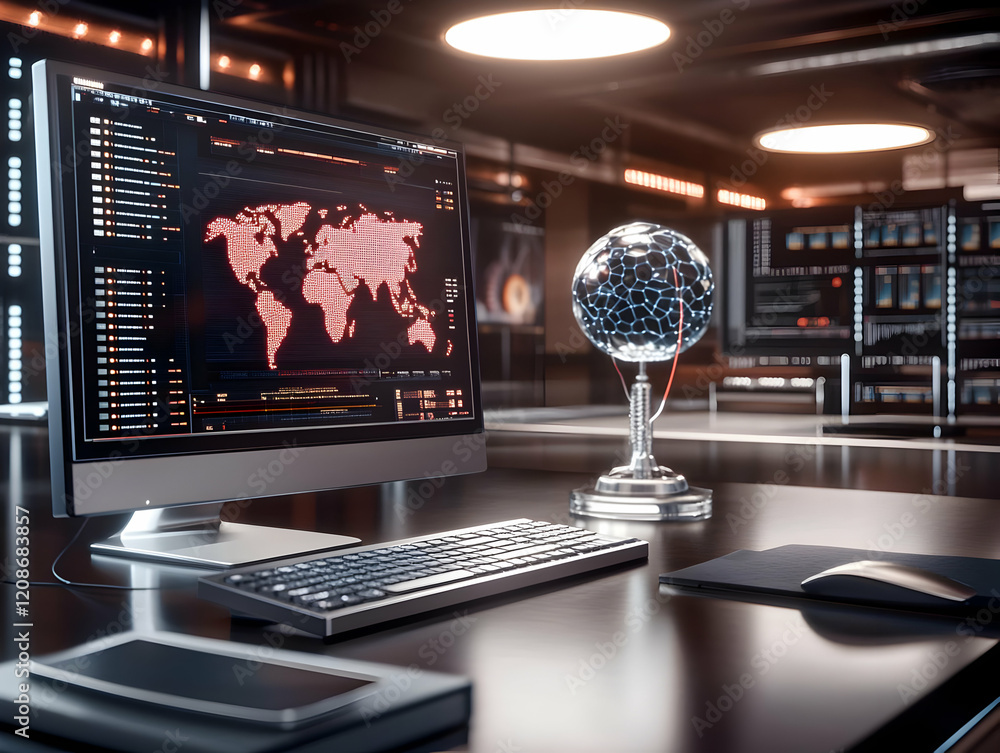 Poster global network security monitoring center displays world map on screen in futuristic office with glo