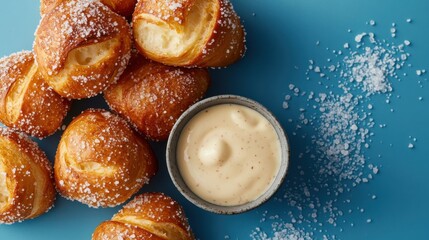 Baked soft pretzel bites sprinkled with coarse salt and served with creamy dipping sauce on a vibrant blue background