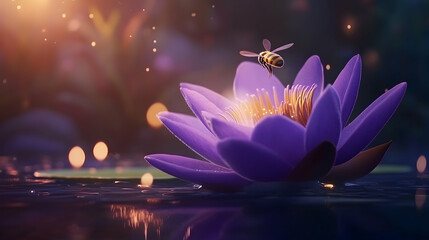 Bee pollinating purple water lily at sunset, serene pond background. Perfect for relaxation, nature, and wellness themes