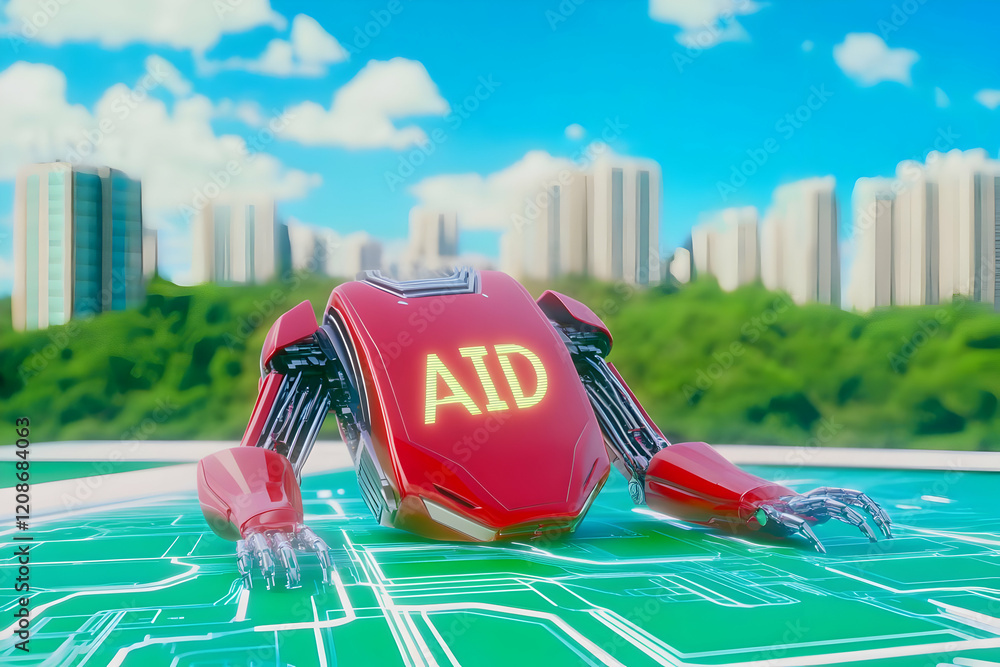 Aufkleber 3d robot with 'aid' label leans on circuit board with cityscape background