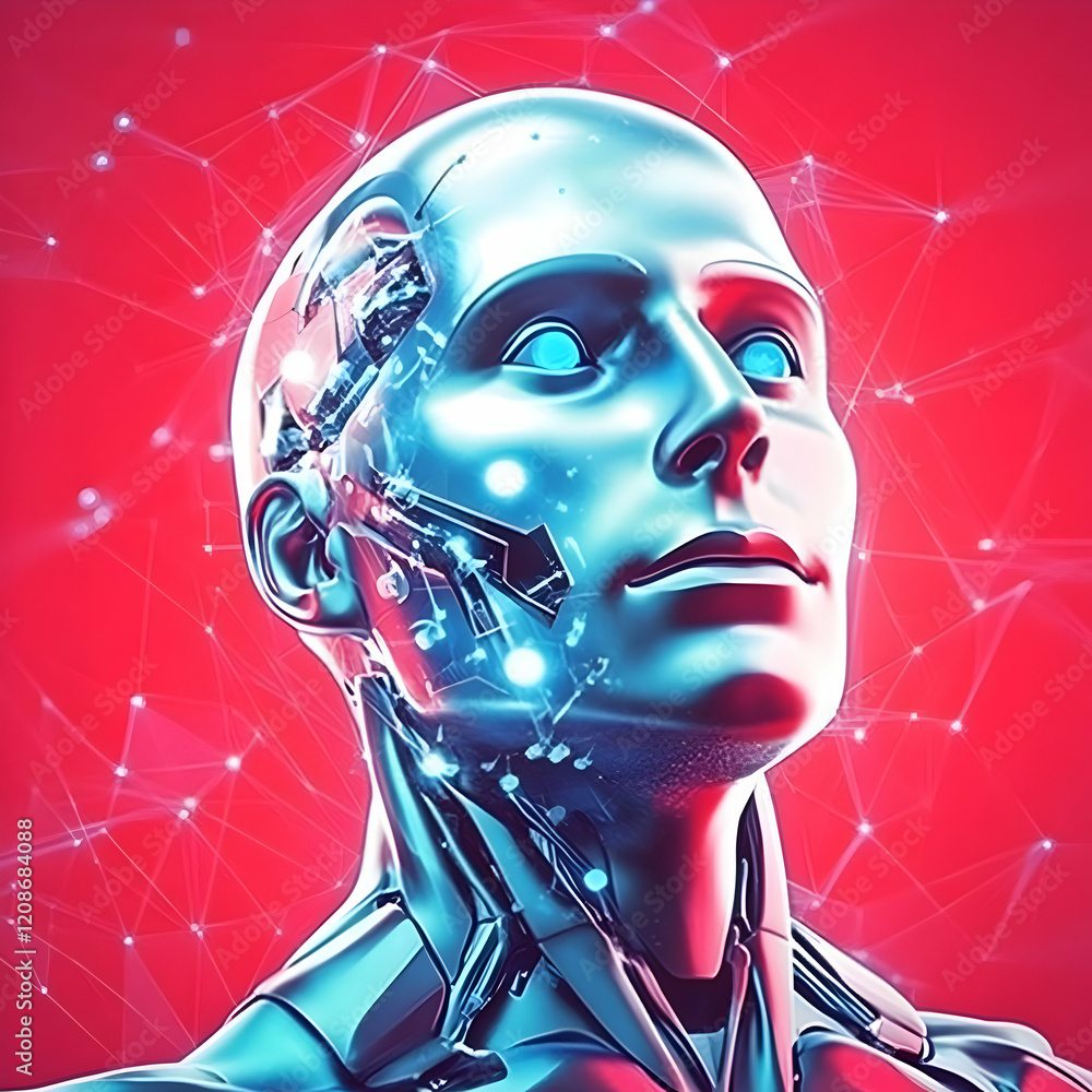 Poster 3d illustration of a futuristic robot head with exposed mechanics and glowing eyes against a red net