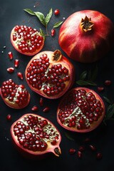 Juicy pomegranate halves, seeds, and whole fruit.
