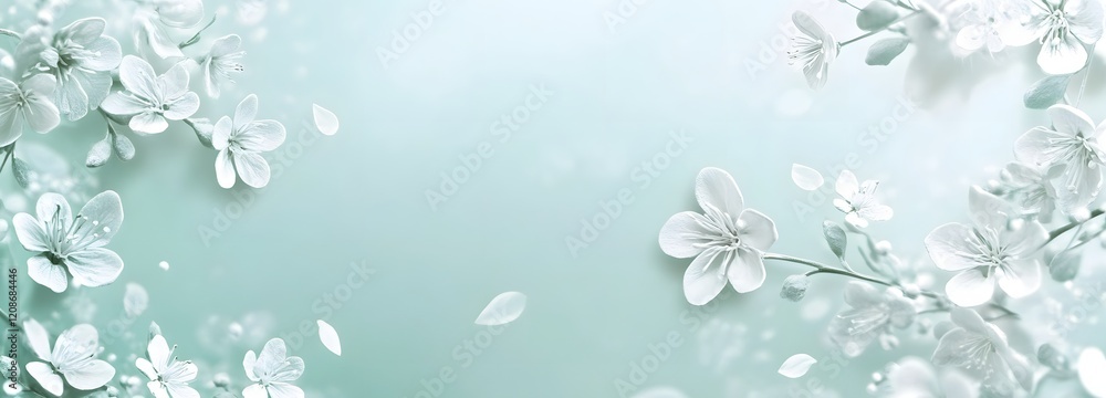 Poster a soothing mint background with white floral patterns and an open area in the middle for showcasing 
