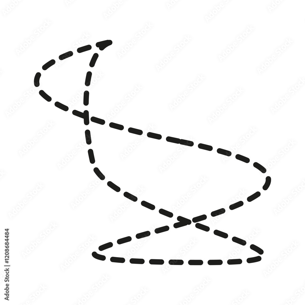 Poster Dashed curved path. Abstract trajectory shape. Black dotted arrow. Dynamic line flow.