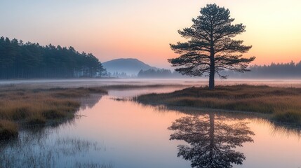 Fototapeta premium Misty sunrise, lone tree reflected in calm water.