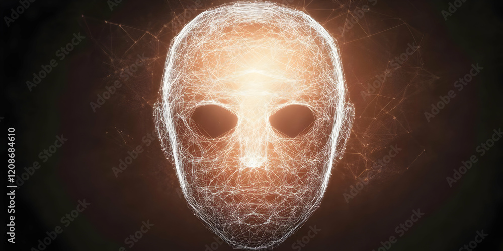 Poster abstract wireframe head glowing with light on dark background representing artificial intelligence