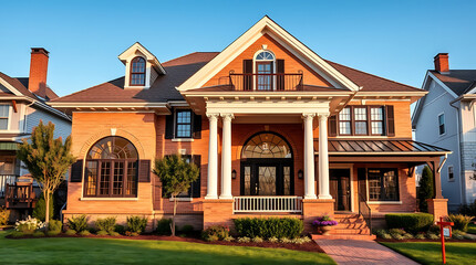 Brick House Exterior, Modern Classic Home, Luxury Real Estate, Residential Property, Columns, Porch, Landscaping