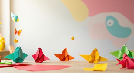 Child-Friendly Origami Creations on a Creative Workspace.