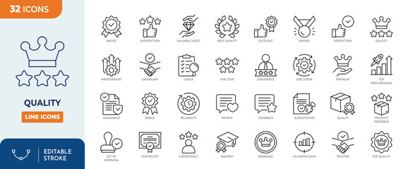Quality icon set. Outline Icon Collection. Vector illustration. Editable stroke	