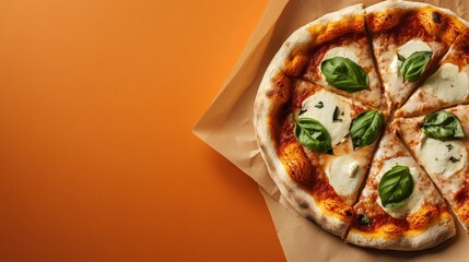 Freshly baked pizza topped with mozzarella and basil served on an orange background