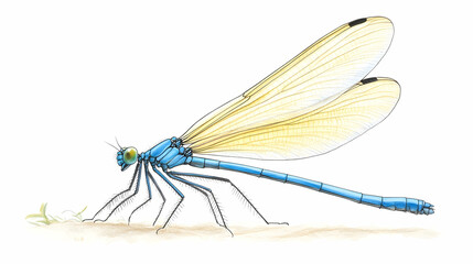 Blue damselfly on ground, wings spread, nature background, insect illustration, for educational purposes