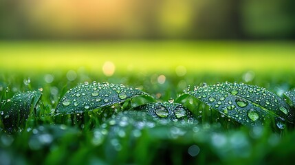 Close-up shot of green leaves covered in water droplets on a blurred background