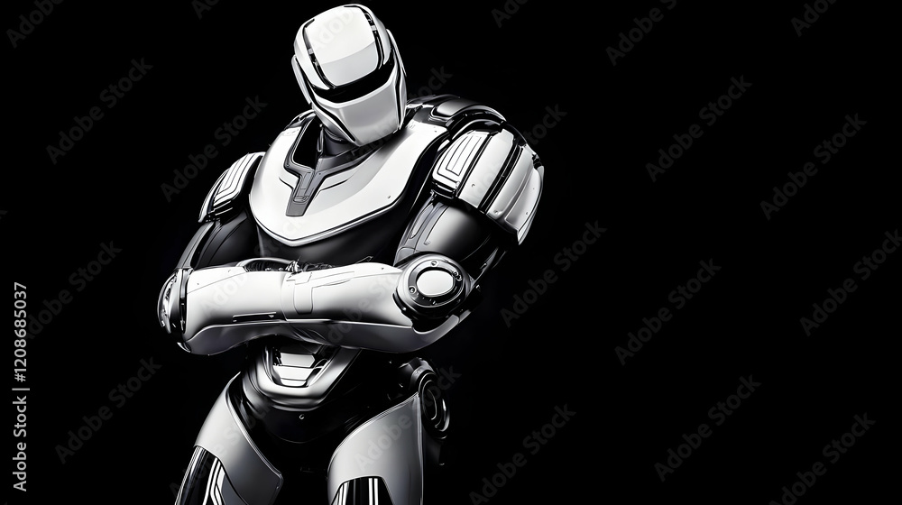 Poster 3d robot stands with arms crossed against a dark background in a powerful pose