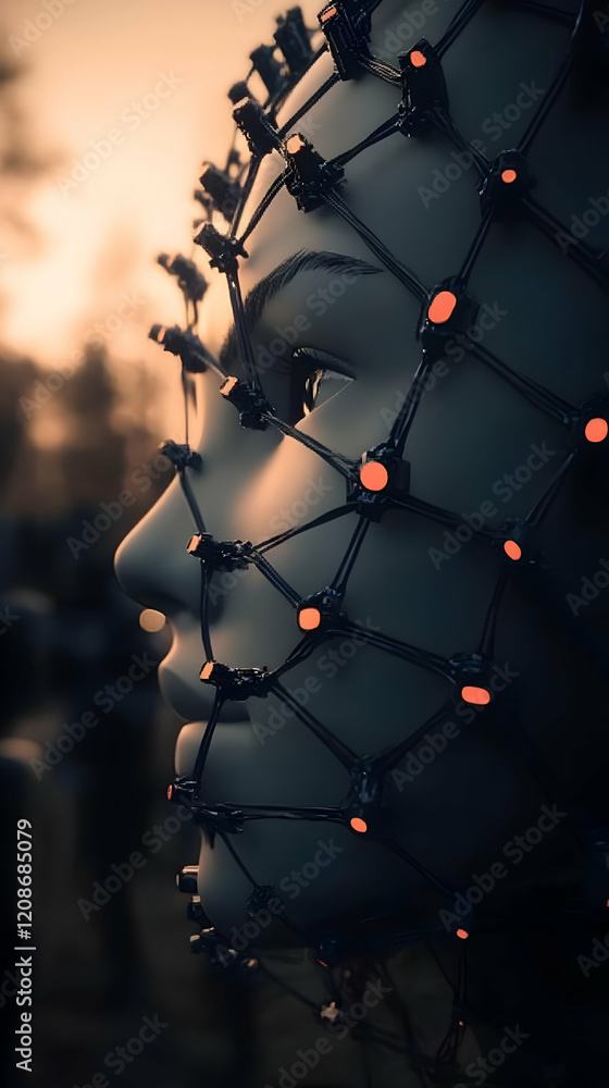 Aufkleber 3d illustration of a futuristic face with a network of glowing nodes in a dimly lit setting