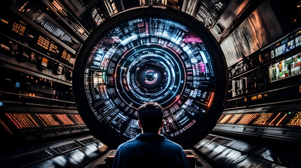 Obraz premium Person Observes Complex Circular Display with Data Streams in Futuristic Control Room