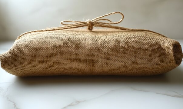 Burlap package tied with twine.